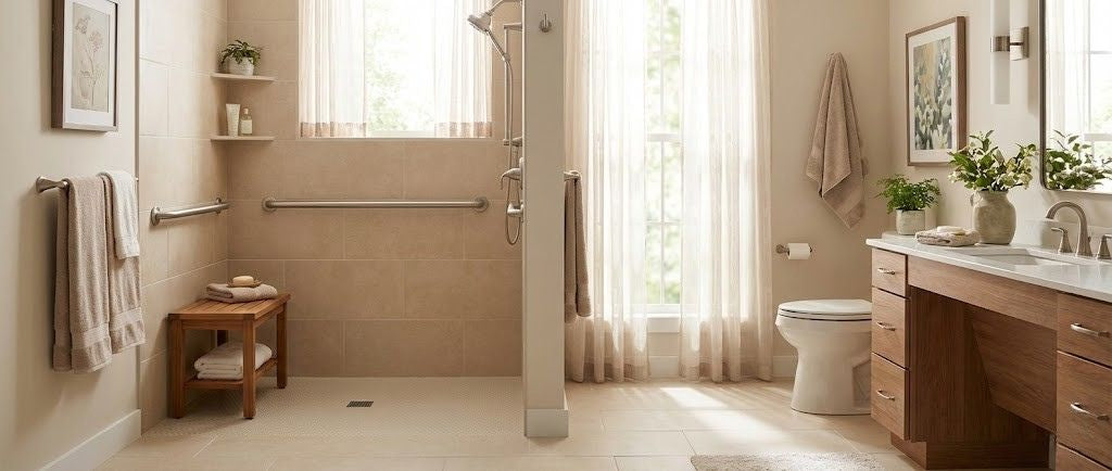 Ein helles, modernes und barrierefreies Badezimmer mit warmen Fliesen und sicherer, begehbarer Dusche.