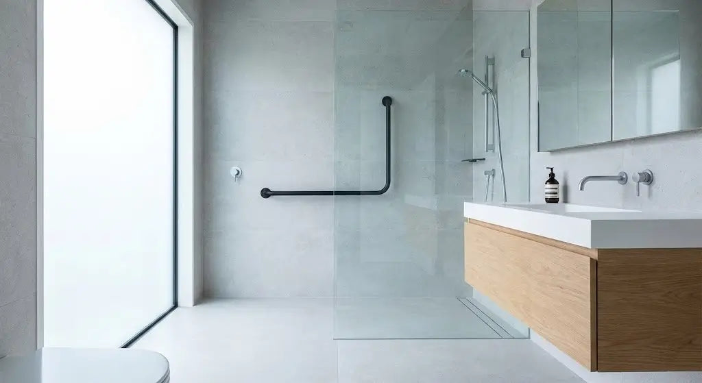 Ein stilvolles, modernes Interieur mit dezent integrierten, barrierefreien Sicherheitselementen, das ein sicheres Zuhause symbolisiert.