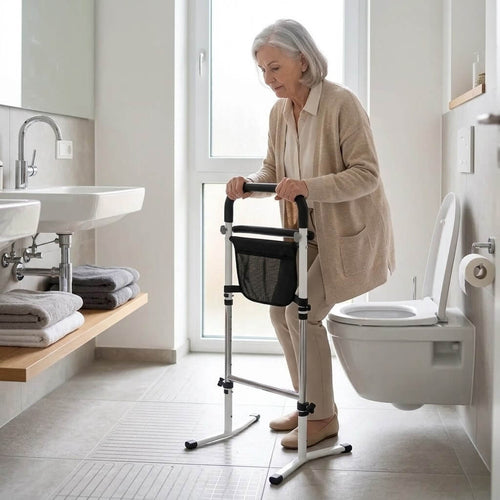 Eine ältere Frau nutzt die mobile Aufstehhilfe im Badezimmer, um sicher von der Toilette aufzustehen.