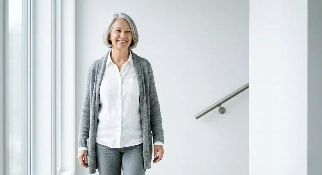 Eine selbstbewusste Seniorin bewegt sich sicher durch ihren Flur, unterstützt durch unauffällige ErgoHome Sicherheitslösungen.